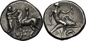 Greek Italy. Southern Apulia, Tarentum. AR Nomos, circa 280-272 BC. Time of Pyrrhos of Epiros. Aristipp-, Gu-, and Di, magistrates. D/ Youth on horseb...