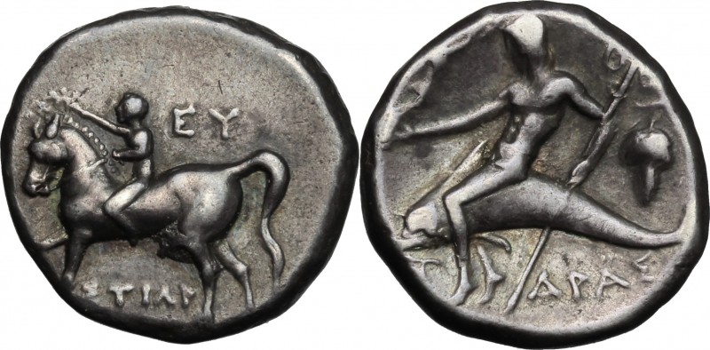 Greek Italy. Southern Apulia, Tarentum. AR Nomos, 272-240 BC. D/ Youth on horseb...