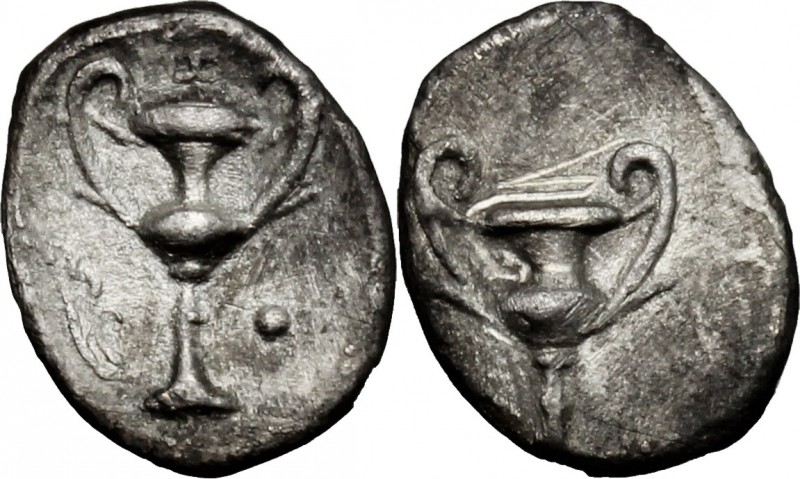 Greek Italy. AR Obol, 280-228 BC. D/ Kantharos; above, I; to left, aplustre; to ...