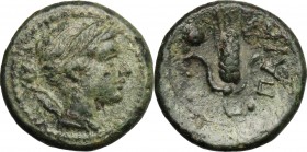 Greek Italy. Lucania, Poseidonia-Paestum. AE Uncia, 218-201 BC. D/ Head of Artemis right; behind, bow and quiver. R/ Corn-ear with two leaves; to uppe...