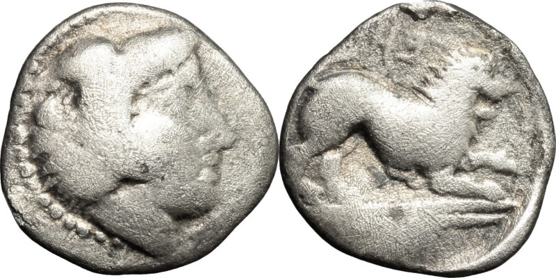 Greek Italy. Southern Lucania, Heraclea. AR Diobol, 432-420 BC. D/ Head of Herak...