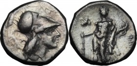 Greek Italy. Southern Lucania, Heraclea. AR Didrachm, 281-278 BC. D/ Head of Athena right, helmeted. R/ Herakles standing left, holding club, lion's s...