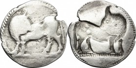 Greek Italy. Southern Lucania, Sybaris. AR Stater, 550-510 BC. D/ Bull standing left, head turned back. R/ Incuse bull standing right, head turned bac...