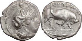 Greek Italy. Southern Lucania, Thurium. AR Stater, 400-350 BC. D/ Head of Athena right, wearing helmet decorated with Scylla. R/ Bull charging right; ...