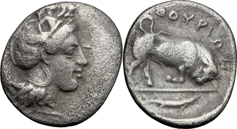 Greek Italy. Southern Lucania, Thurium. AR Triobol, c. 400-350 BC. D/ Head of At...