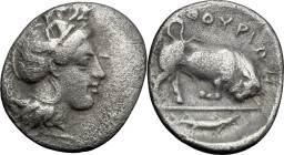 Greek Italy. Southern Lucania, Thurium. AR Triobol, c. 400-350 BC. D/ Head of Athena right, wearing helmet decorated with Scylla. R/ Bull butting righ...