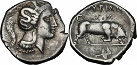 Greek Italy. Southern Lucania, Thurium. AR Nomos, c. 350-300 BC. D/ Head of Athena right, wearing crested Attic helmet decorated with Skylla. R/ ΘOYPI...