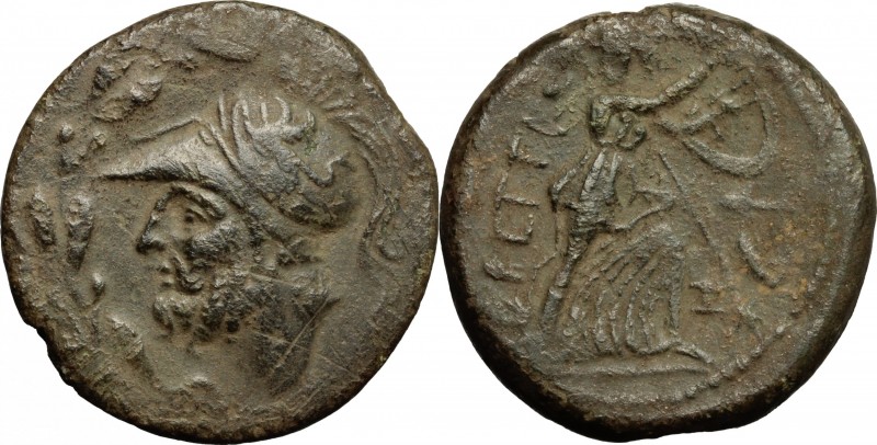 Greek Italy. Bruttium, Brettii. AE Double unit, 208-203 BC. D/ Head of Ares left...