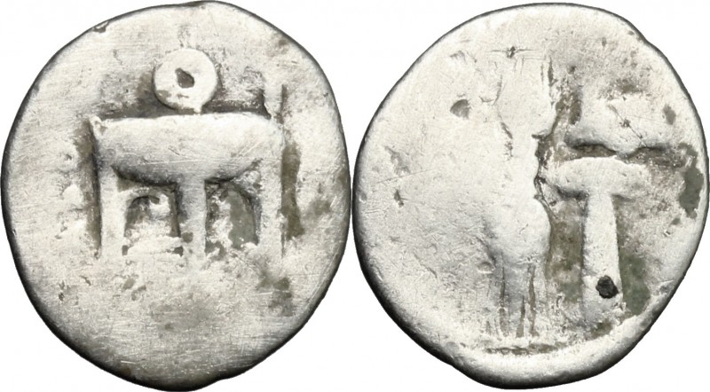 Greek Italy. Bruttium, Kroton. AR Triobol, c. 400-350 BC. D/ Tripod with legs te...