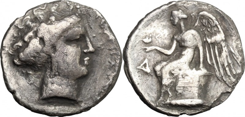 Greek Italy. Bruttium, Terina. AR Drachm, c. 300 BC. D/ Head of the nymph Terina...