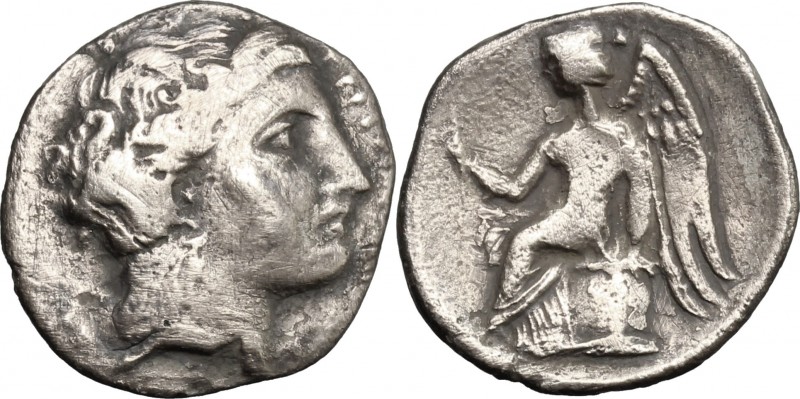 Greek Italy. Bruttium, Terina. AR Drachm, c. 300 BC. D/ Head of nymph Terina rig...