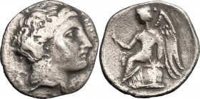 Greek Italy. Bruttium, Terina. AR Drachm, c. 300 BC. D/ Head of nymph Terina right. R/ Nike seated left on cippus, holding caduceus (?). HN Italy 2642...