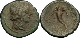 Sicily. Aitna. Roman Rule. AE 17mm, after 212 BC. D/ Head of Persephone right. R/ Cornucopiae. CNS III, 12. AE. g. 2.63 mm. 17.00 Light brown and gree...