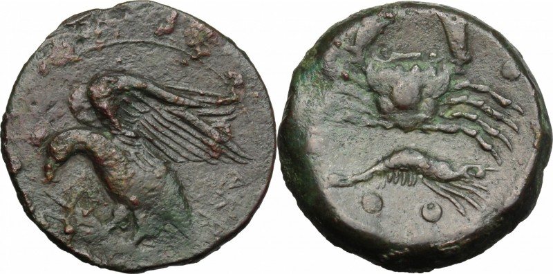 Sicily. Akragas. AE Hemilitron, 450-406 BC. D/ Eagle left on hare. R/ Crab; belo...