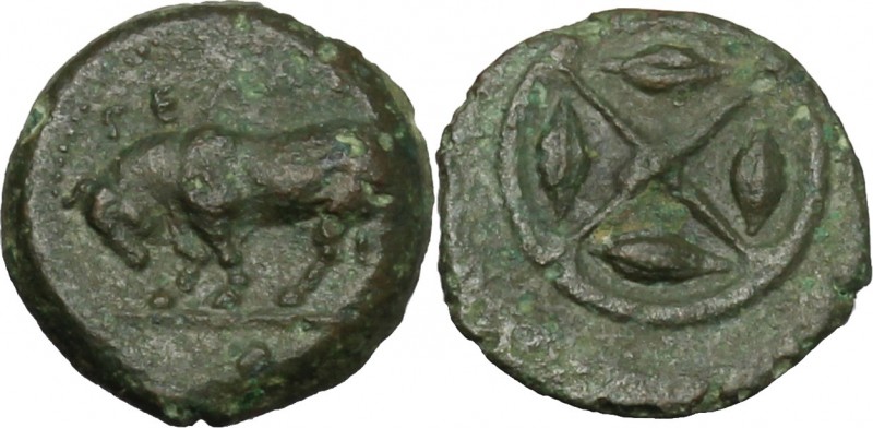 Sicily. Gela. AE Onkia, 420-405 BC. D/ Bull left: in exergue, pellet. R/ Wheel w...
