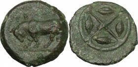 Sicily. Gela. AE Onkia, 420-405 BC. D/ Bull left: in exergue, pellet. R/ Wheel with four spokes, in each quarter, grain of barley. CNS III, 2. AE. g. ...