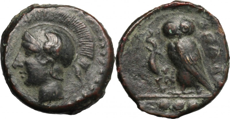 Sicily. Kamarina. AE Tetras, 425-405 BC. D/ Head of Athena left, helmeted. R/ Ow...