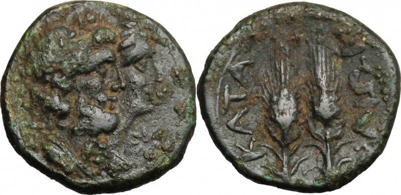 Sicily. Katane. AE 17mm, 2nd-1st century BC. D/ Jugate heads of Serapis and Isis...