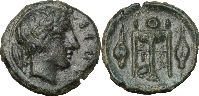 Sicily. Leontini. AE Tetras, 405-402 BC. D/ Head of Apollo right, laureate; behi...