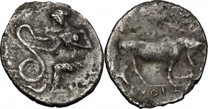 Sicily. Selinos. AR Litra, c. 410 BC. D/ Nymph seated left on rock, extending ri...