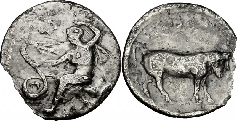 Sicily. Selinos. AR Litra, c. 410 BC. D/ Nymph seated left on rock, extending ri...