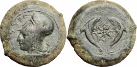 Sicily. Syracuse. Timoleon and the Third Democracy (344-317 BC). AE Litra, 344-317 BC. D/ Head of Athena left, wearing Corinthian helmet. R/ Two dolph...