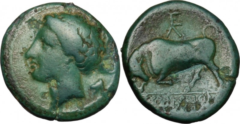 Sicily. Syracuse. Agathokles (317-289 BC). AE 16 mm. D/ Head of nymph left. R/ B...