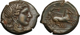Sicily. Syracuse. Agathokles (317-289 BC). AE 23mm. D/ Head of nymph right, wearing wreath of reed; behind, torch. R/ Biga right; above, star. CNS II,...