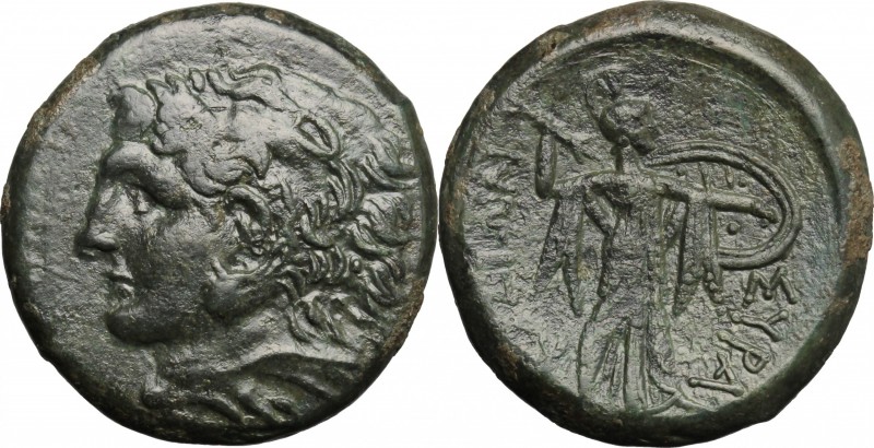 Sicily. Syracuse. Pyrrhos (278-276 BC). AE 24mm. D/ Head of Herakles left, weari...