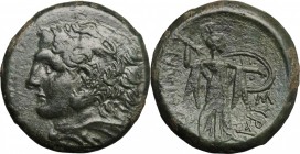 Sicily. Syracuse. Pyrrhos (278-276 BC). AE 24mm. D/ Head of Herakles left, wearing lion's skin. R/ Athena Promachos right, hurling thunderbolt and hol...