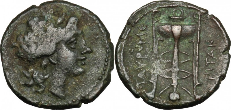 Sicily. Tauromenion. Roman Rule. AE 19 mm, after 216-202 BC. D/ Head of Apollo r...