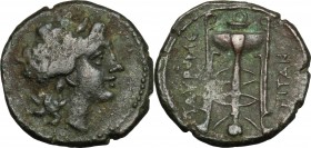 Sicily. Tauromenion. Roman Rule. AE 19 mm, after 216-202 BC. D/ Head of Apollo right, laureate. R/ Tripod. CNS III, 18. AE. g. 5.00 mm. 19.00 Dark gre...