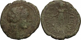 Sicily. Tauromenion. Roman Rule. AE 24mm, after 216 BC. D/ Head of Dionysos right, laureate. R/ Artemis standing left, holding rod; to left, dog. CNS ...