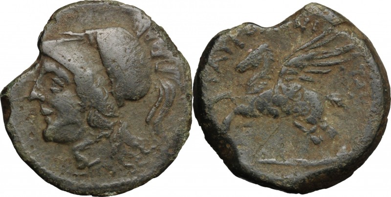 Sicily. Tauromenion. Roman Rule. AE 22mm, after 216 BC. D/ Head of Athena left, ...