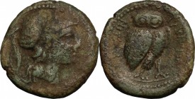 Sicily. Tauromenion. Roman Rule. AE 18mm, after 216 BC. D/ Head of Athena right, helmeted. R/ Owl standing right, head facing, wings closed. CNS III, ...