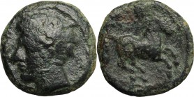 Punic Sicily. AE 14mm, late 4th-early 3rd century BC. D/ Male head left, flanked by corn-ears. R/ Horse galloping right. SNG Cop. 120-123. AE. g. 2.72...