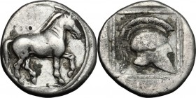 Continental Greece. Kings of Macedon. Perdikkas II (451-413 BC). AR Light Tetrobol, 446-438 BC. D/ Horse walking right. R/ Crested helmet in double li...