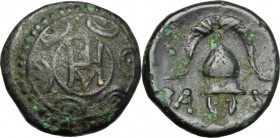 Continental Greece. Kings of Macedon. Demetrios I Poliorketes (306-283 BC). AE 17 mm. Pella mint. D/ Macedonian shield with monogram of Demetrios in c...