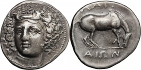 Continental Greece. Thessaly, Larissa. AR Drachm, 395-344 BC. D/ Head of nymph slightly left. R/ Horse grazing right. SNG Cop. 120-122. AR. g. 5.54 mm...