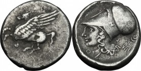 Continental Greece. Akarnania, Thyrreium. AR Stater, 320-280 BC. D/ Pegasos flying left; below, Θ. R/ Head of Athena left, wearing Corinthian helmet; ...