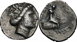 Continental Greece. Euboia, Histiaia. AR Tetrobol, 3rd-2nd centuries BC. D/ Head of the nymph Histiaia right, wearing wreath of vines and grapes. R/ T...