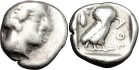 Continental Greece. Attica, Athens. AR Drachm, 479-393 BC. D/ Head of Athena right, helmeted. R/ Owl standing right, head facing; behind, olive-branch...