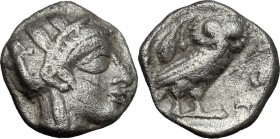 Continental Greece. Attica, Athens. AR Obol, 479-393 BC. D/ Head of Athena right, helmeted. R/ Owl standing right, head facing; behind, olive-sprig. S...