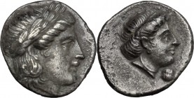 Greek Asia. Lesbos, Mytilene. AR Diobol, 400-350 BC. D/ Head of Apollo right, laureate. R/ Female head right; below chin, pellet. BMC 8-14. HGC 6, 103...