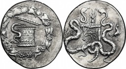 Greek Asia. Ionia, Ephesos. AR Cistophoric Tetradrachm, 180-133 BC. D/ Cista mystica with serpent, all within ivy-wreath. R/ Two serpents coiled facin...