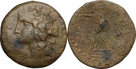 Greek Asia. Islands off Caria, Rhodes. Pseudo-autonomous issue. AE Didrachm, 1st century AD. D/ Head of Helios left, radiate. R/ Nike standing left on...