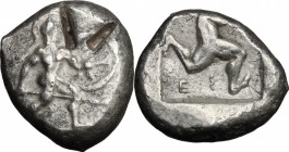 Greek Asia. Pamphylia, Aspendos. AR Stater, 465-430 BC. D/ Warrior striding right, holding shield and spear. R/ Triskeles in incuse square. SNG von Au...