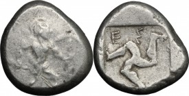 Greek Asia. Pamphylia, Aspendos. AR Stater, 465-430 BC. D/ Warrior striding right, holding shield and sword. R/ Triskeles in incuse square. SNG von Au...