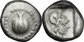 Greek Asia. Pamphylia, Side. AR Stater, 460-430 BC. D/ Pomegranate. R/ Head of Athena right, helmeted. SNG France 628. AR. g. 10.78 mm. 20.00 Partly t...