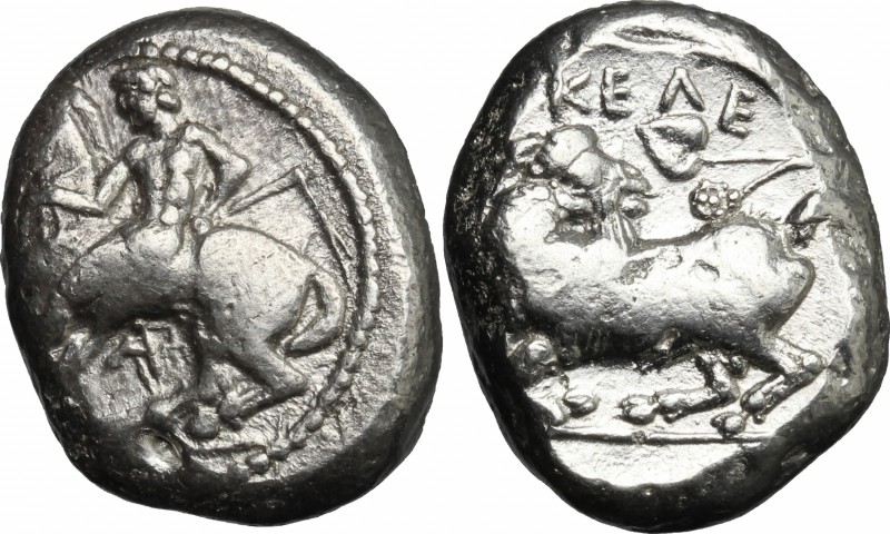 Greek Asia. Cilicia, Kelenderis. AR Stater, 430-420 BC. D/ Horseman prancing lef...